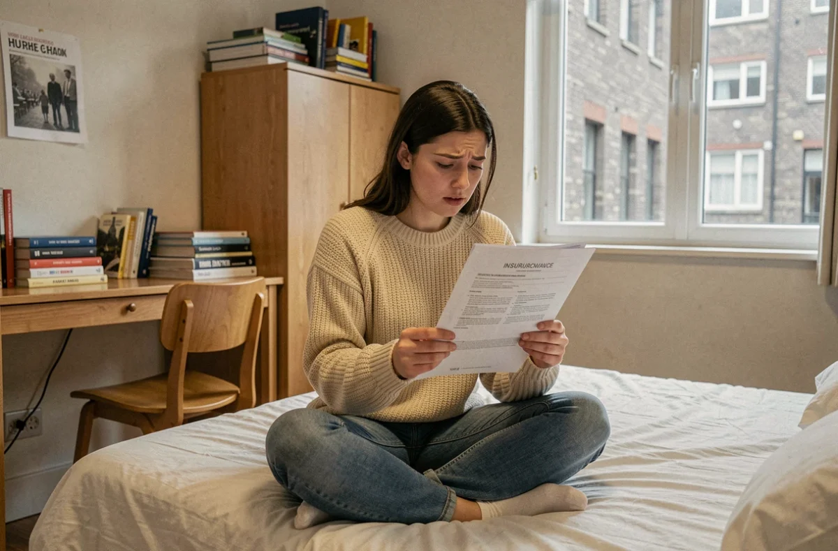 Étudiante lisant un contrat d'assurance habitation dans sa chambre universitaire