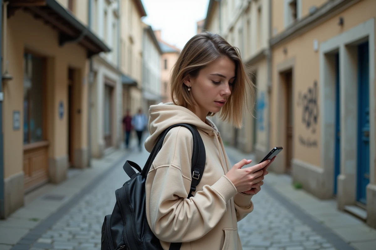 Étudiante marchant dans un quartier populaire de La Roche-sur-Yon, vérifiant son téléphone pour trouver un logement