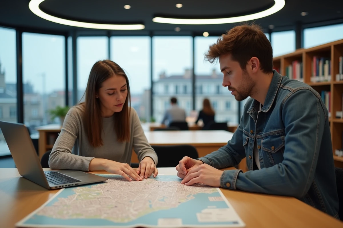 Deux étudiants consultant une carte de La Roche-sur-Yon pour choisir le meilleur quartier où se loger