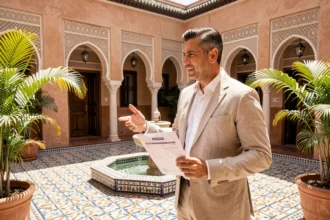 Agent immobilier évaluant une villa à vendre à Marrakech sur une terrasse en zellige avec fontaine et architecture traditionnelle