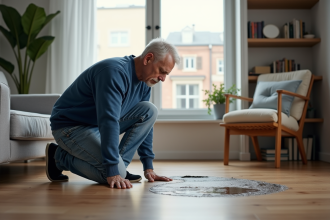 Homme examinant une tache d'eau sur le parquet