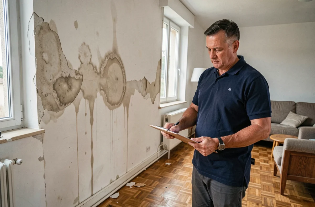 Expert en assurance inspectant des dégâts des eaux sur un mur intérieur d'une maison en France