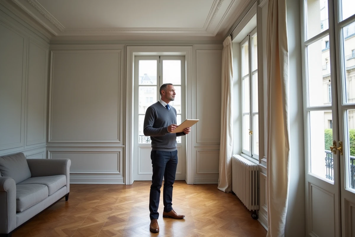 Expert immobilier évaluant un appartement haussmannien pour une estimation précise
