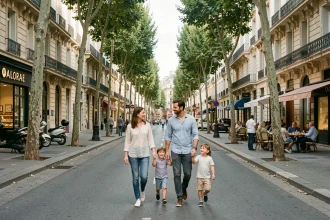 Famille se promenant dans un boulevard marseillais animé avec façades en pierre et commerces de quartier