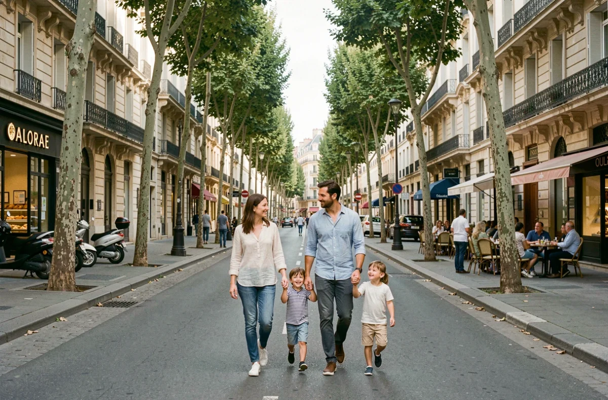 Famille se promenant dans un boulevard marseillais animé avec façades en pierre et commerces de quartier