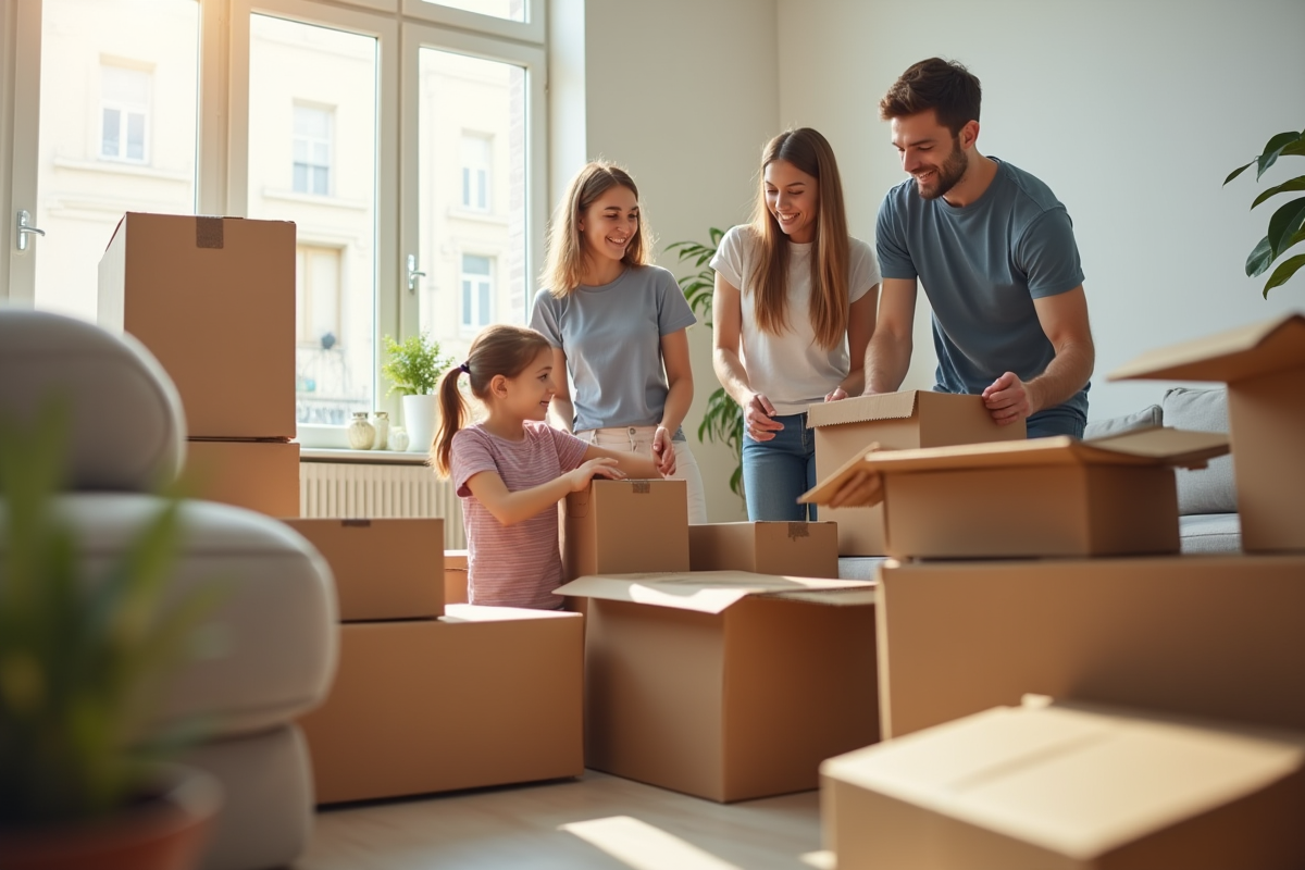 Famille heureuse emballant des cartons dans un salon lumineux