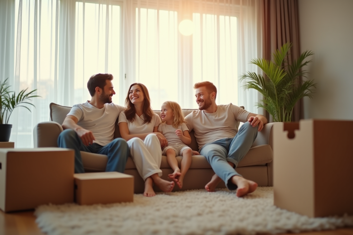 Famille heureuse dans un salon lumineux avec cartons de déménagement