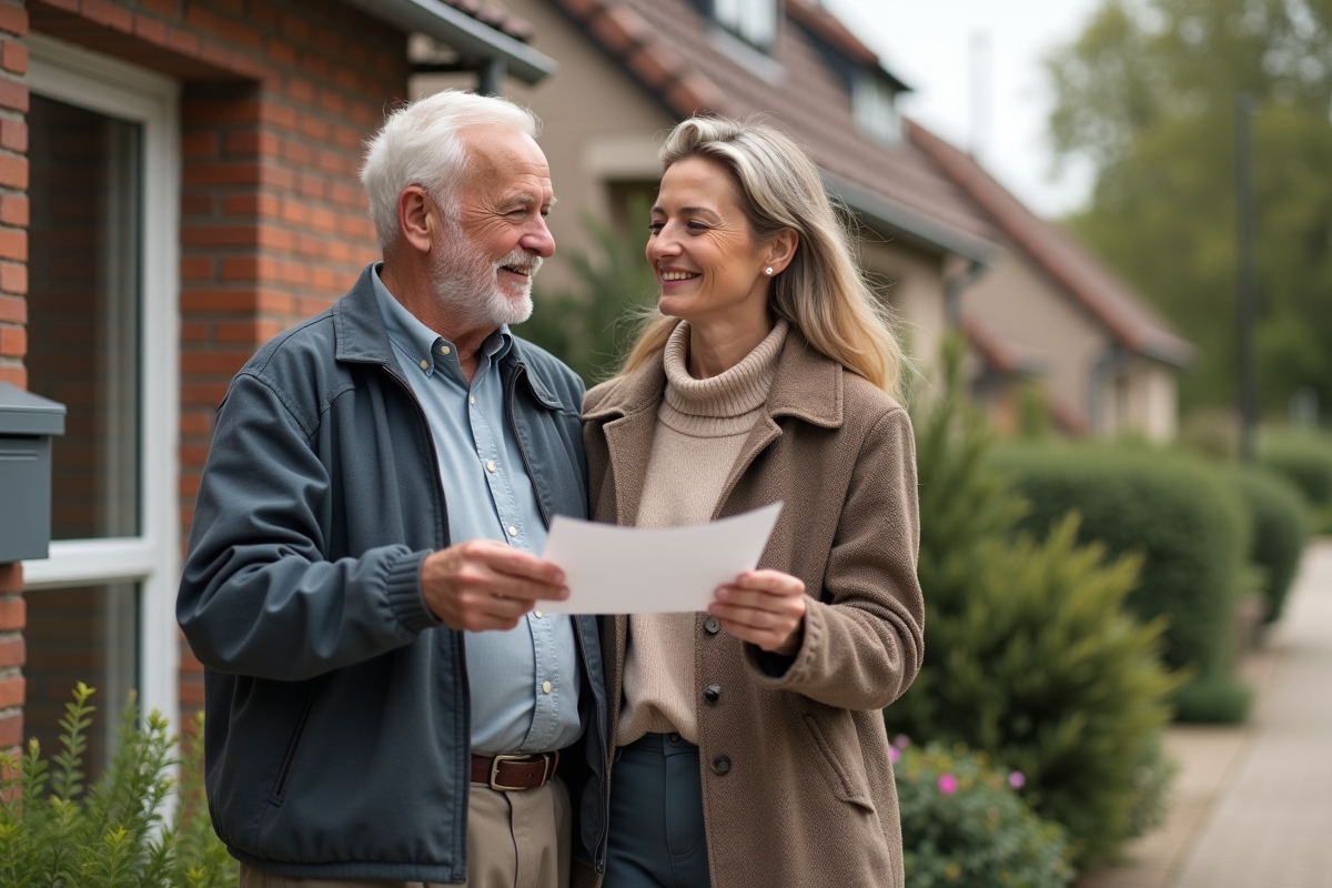 Famille devant leur maison tenant une lettre avec sourire