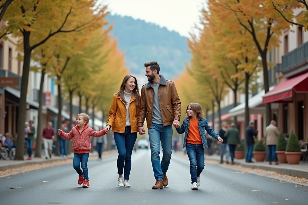 Famille de quatre se promenant dans une rue résidentielle pastel