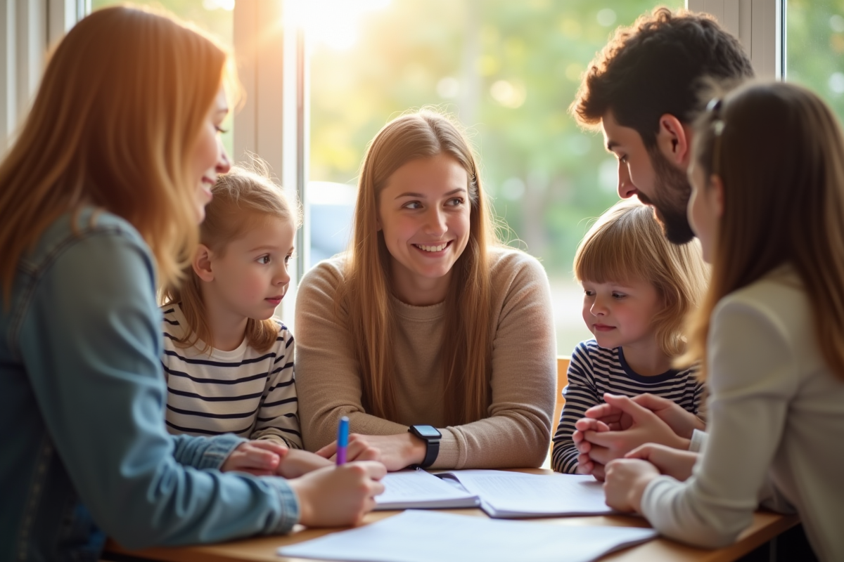 Famille rencontrant un travailleur social dans un centre communautaire