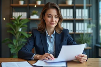 Femme d'affaires en costume bleu dans un bureau moderne