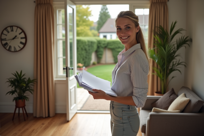 Femme d'affaires souriante avec documents devant une porte d'entrée