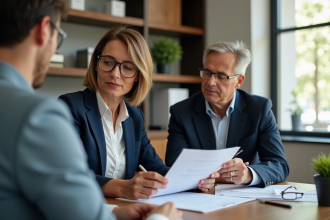 Femme d'affaires en réunion avec un homme dans un bureau moderne