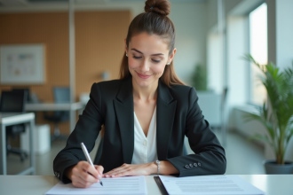 Femme d'affaires examine des documents de prêt immobilier