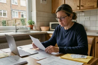 Femme aux revenus modestes consultant des documents d'aide au logement à sa table de cuisine