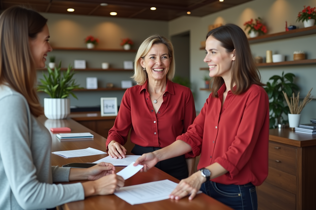 Femme souriante avec sa fille discutant avec un agent immobilier