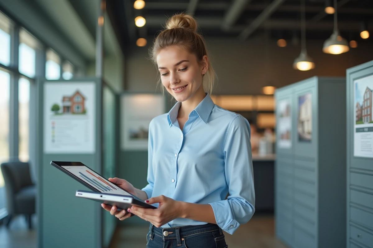 Jeune femme regardant un tableau comparatif sur une tablette dans une agence