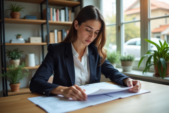 Femme d'affaires examinant des documents de prêt immobilier dans un bureau moderne
