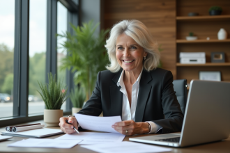 Femme souriante en bureau moderne avec documents et ordinateur