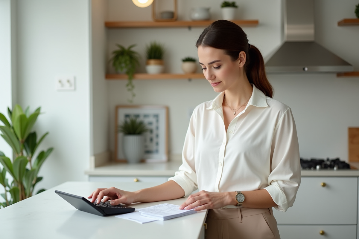 Femme vérifiant ses reçus avec une calculatrice dans la cuisine