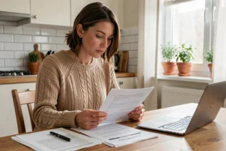 Femme comparant des offres d'assurance habitation pas chère sur des documents posés sur une table en bois