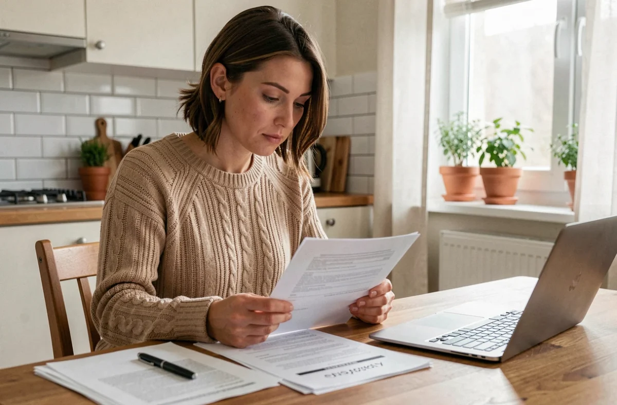 Femme comparant des offres d'assurance habitation pas chère sur des documents posés sur une table en bois