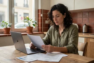 Femme comparant des offres d'assurance logement sur son ordinateur portable dans une cuisine moderne