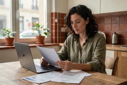 Femme comparant des offres d'assurance logement sur son ordinateur portable dans une cuisine moderne