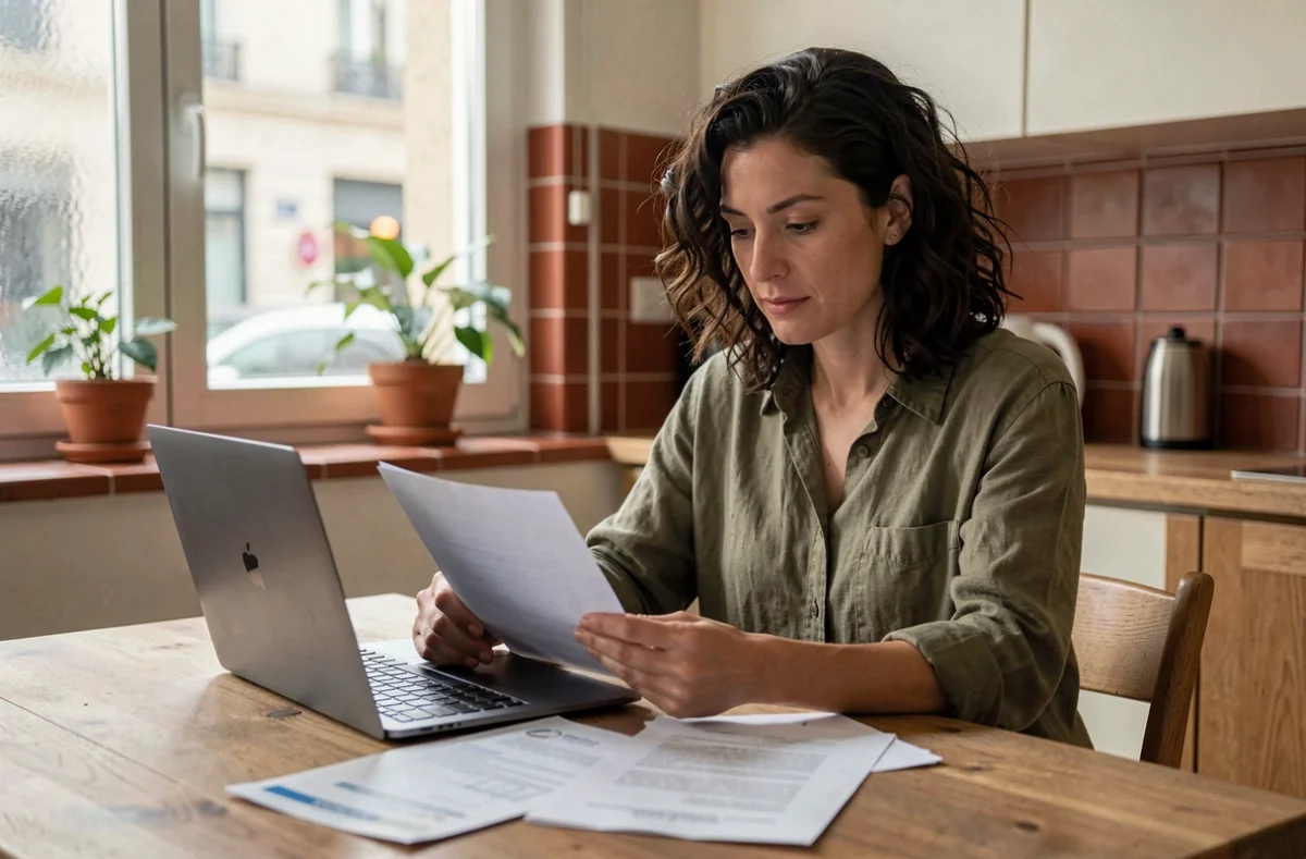 Femme comparant des offres d'assurance logement sur son ordinateur portable dans une cuisine moderne