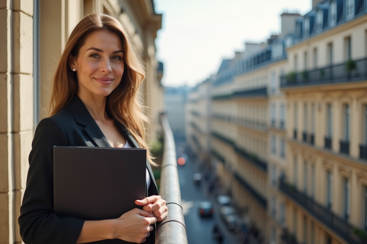 Femme confiante tenant un dossier sur un balcon parisien avec immeubles haussmanniens