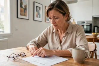Femme consultant son contrat d'assurance multirisque habitation à la table de sa cuisine parisienne