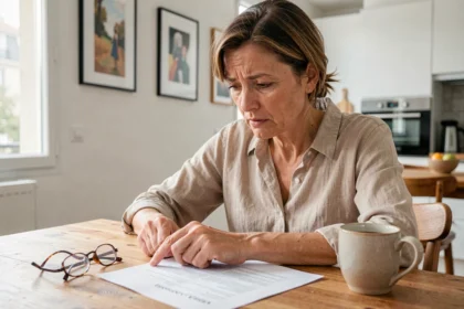 Femme consultant son contrat d'assurance multirisque habitation à la table de sa cuisine parisienne
