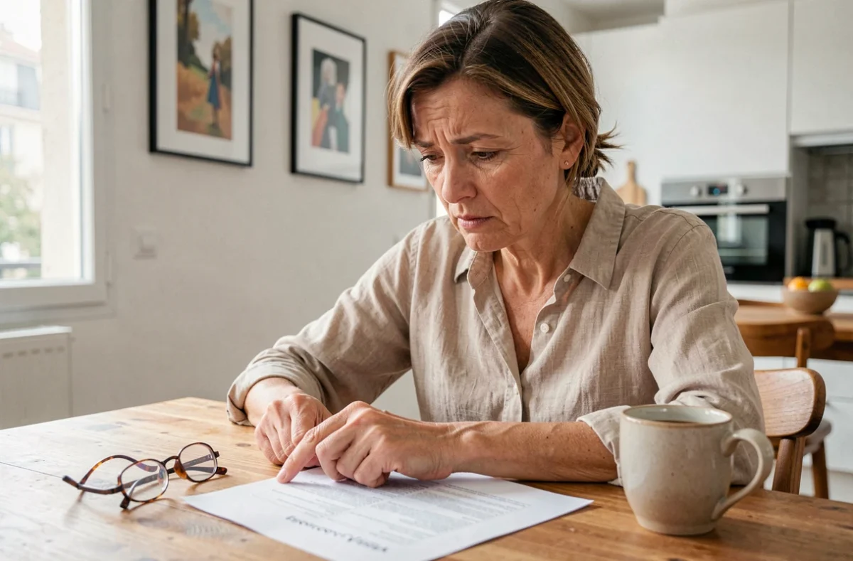 Femme consultant son contrat d'assurance multirisque habitation à la table de sa cuisine parisienne
