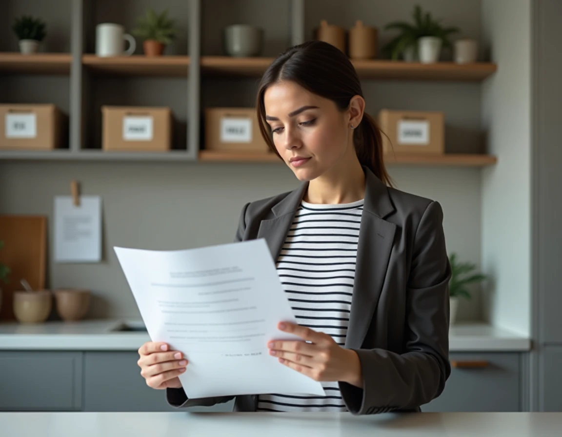 Femme lisant attentivement un contrat de location individuel dans une colocation moderne