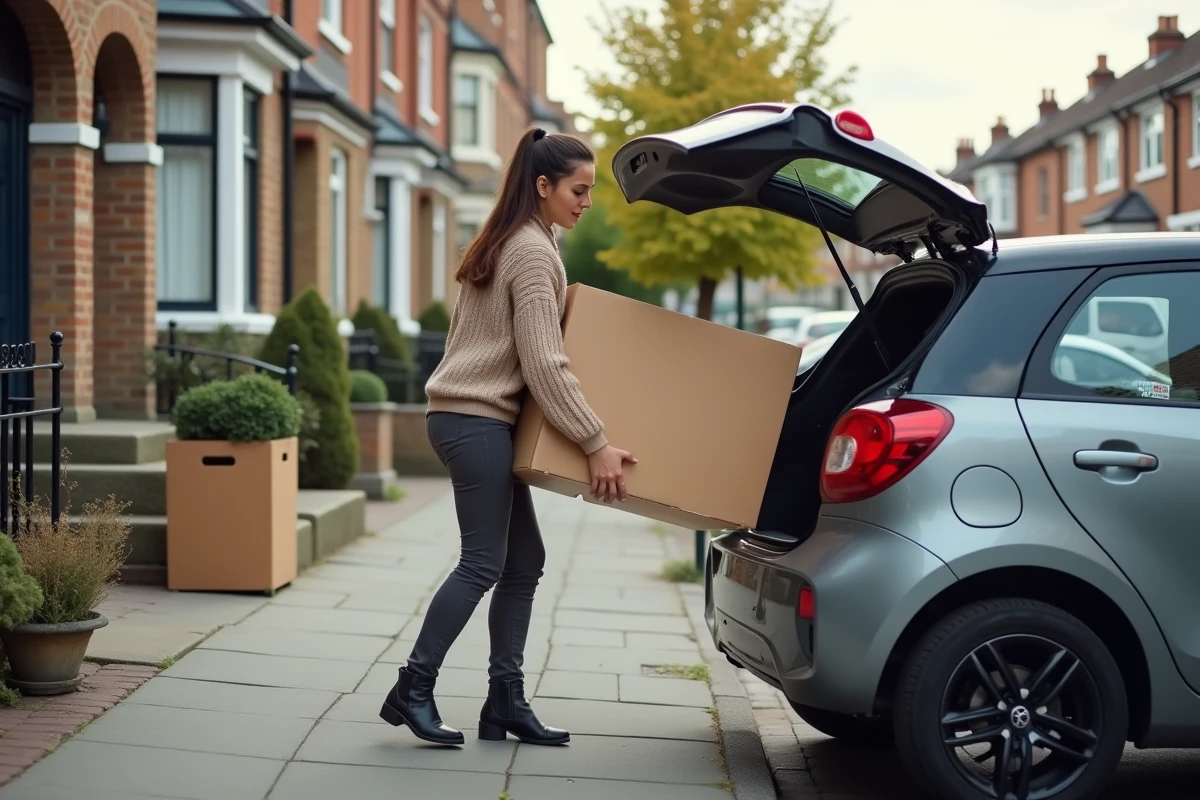 Femme déplaçant une étagère dans une voiture en ville