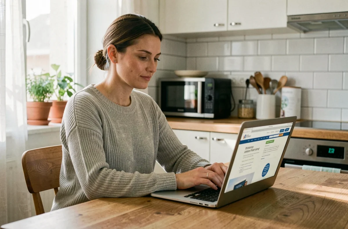 Femme consultant un devis assurance habitation MACSF sur un ordinateur portable dans une cuisine moderne