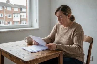 Femme consultant des documents administratifs HLM dans un appartement modeste en attente de réponse de commission