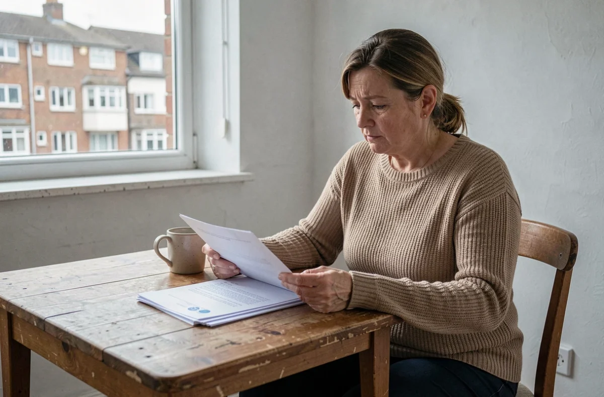Femme consultant des documents administratifs HLM dans un appartement modeste en attente de réponse de commission