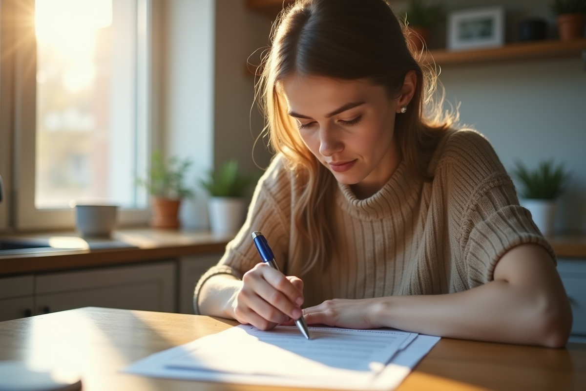 Jeune femme examinant des documents de logement