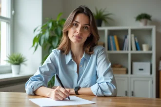 Femme en blouse écrivant une lettre dans un appartement lumineux