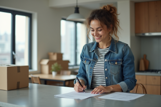 Femme dans son appartement en train de remplir des formulaires