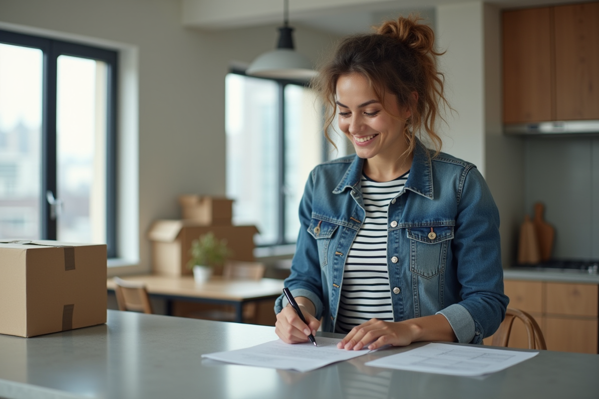 Femme dans son appartement en train de remplir des formulaires