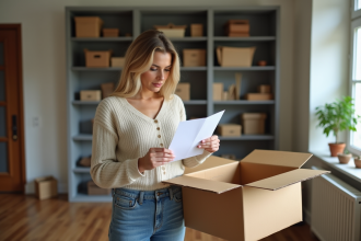 Femme pliant des papiers dans une enveloppe dans un salon lumineux