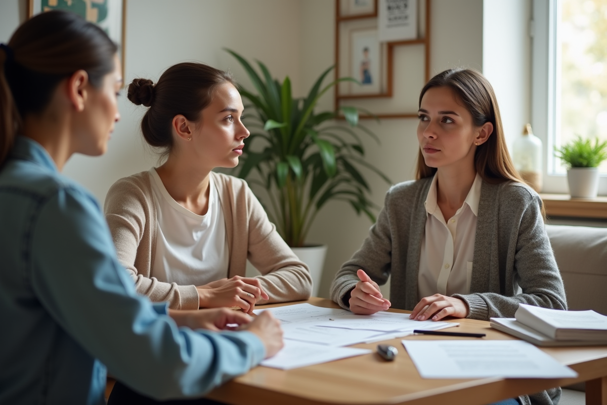 Jeune femme écoutant une notaire dans un salon lumineux