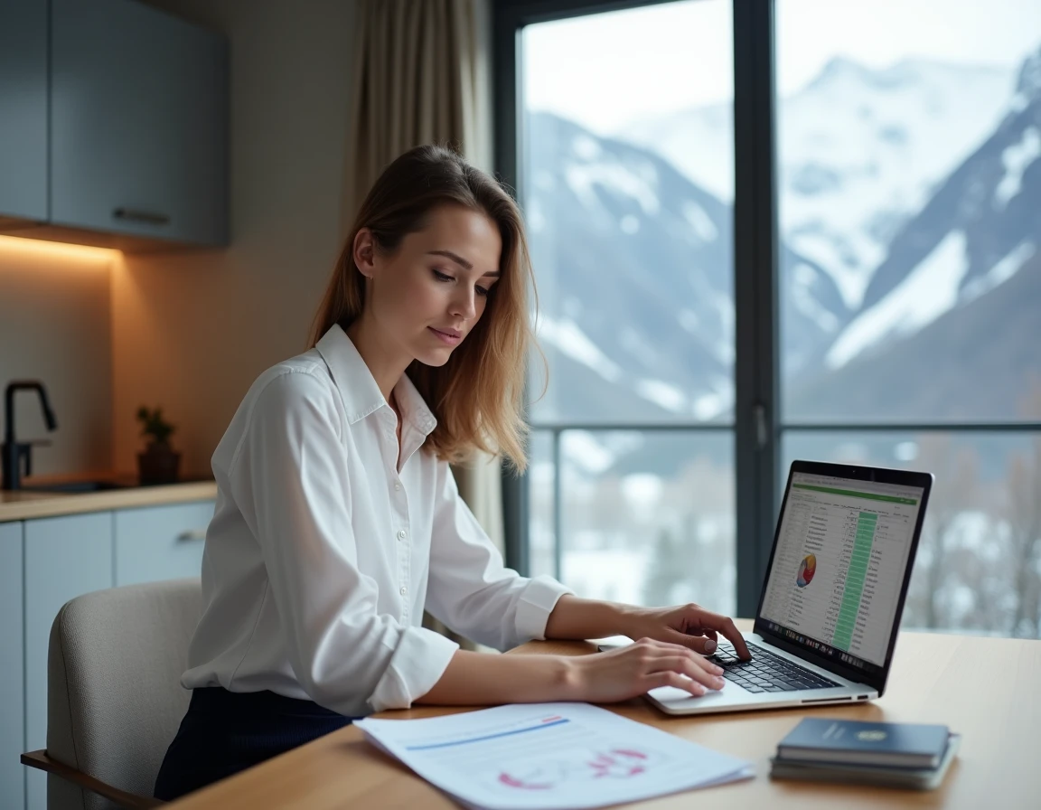 Une femme française compare des taux de financement immobilier sur ordinateur dans un appartement en Andorre avec vue sur les Pyrénées