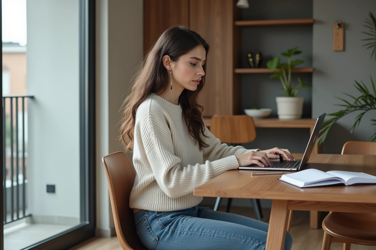 Femme concentrée sur ses données financières à la maison