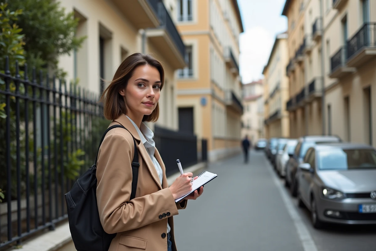 Jeune femme évaluant un bâtiment lyonnais dans la rue