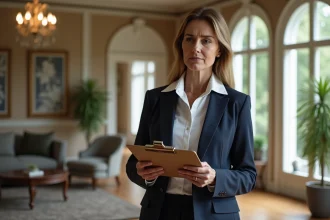 Femme en blazer navy examine un salon luxueux