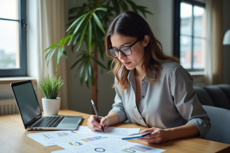 Jeune femme professionnelle examine des annonces immobilières