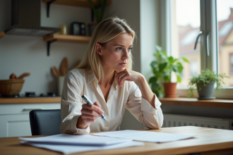 Femme lisant un contrat de location avec attention